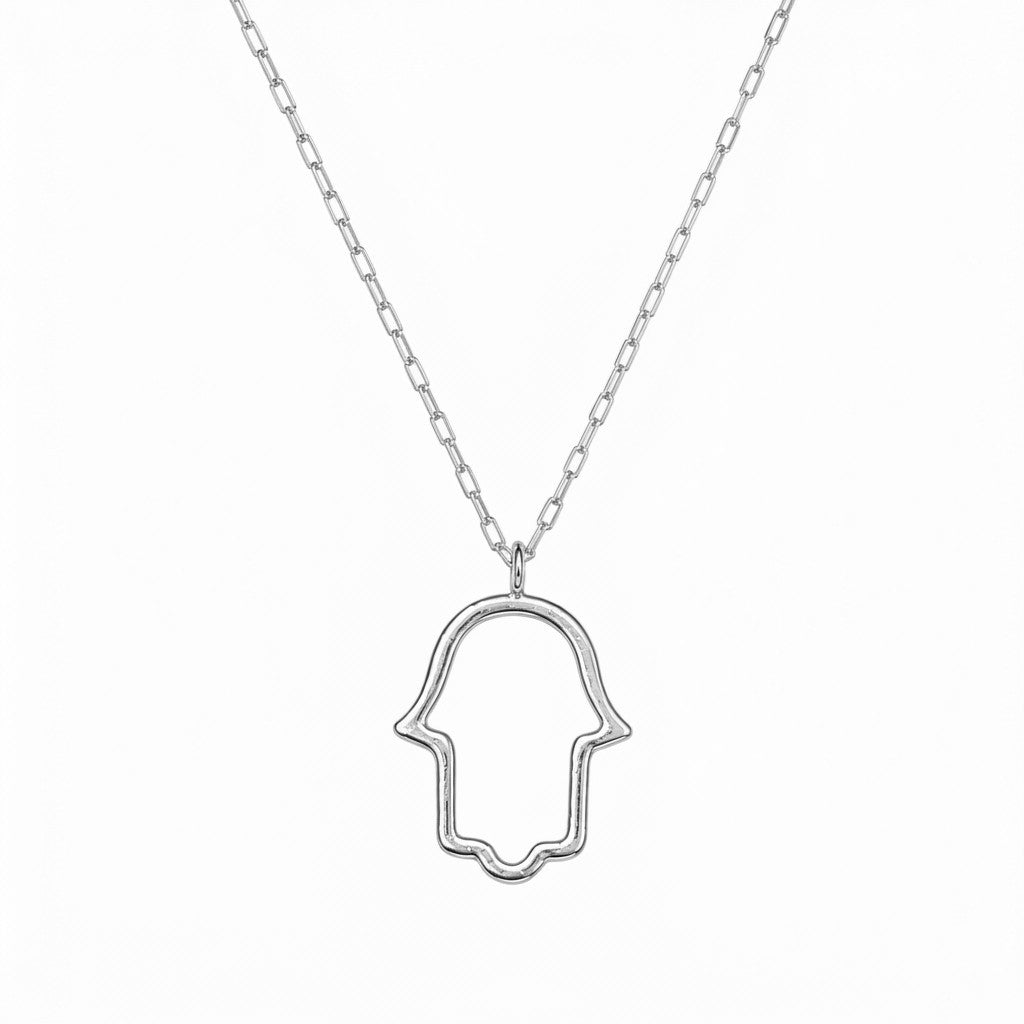 אופק אדלר אואה תכשיטים sterling silver hollow hamsa pendant necklace on a delicate chain